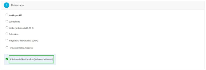 tilaaminen maksutavan valinta